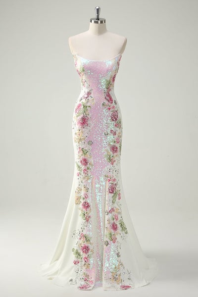 Sparkly White Floral Strapless Mermaid Long Prom Dress - leelyuk
