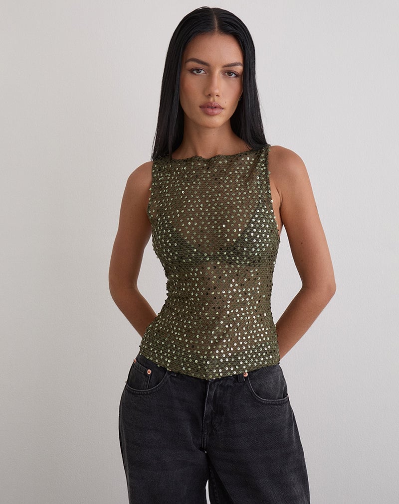 Dudley Vest Top in Sequin Knit Olive - motelrocks-com-eur