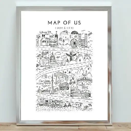 map of us ♥︎ - son dibujos hechos como si fuese un mapa contando los momentos más importantes de la historia de nuestra relación, puede hacerlo a mano, digital o mandar a que te lo hagan !