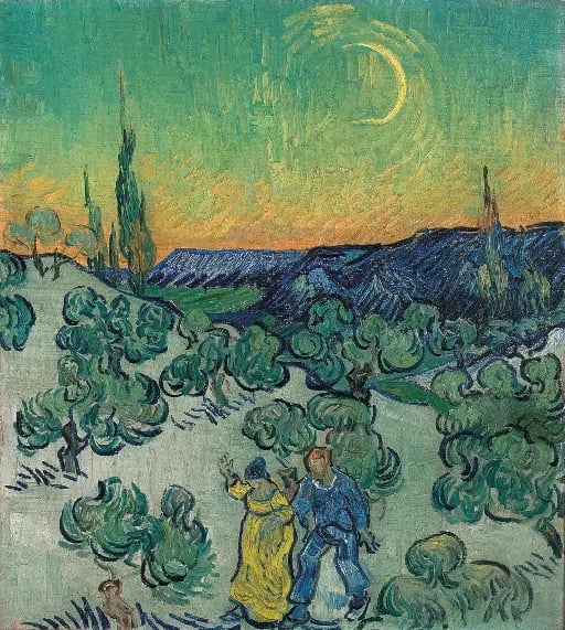 Landscape with couple walking and crescent moon