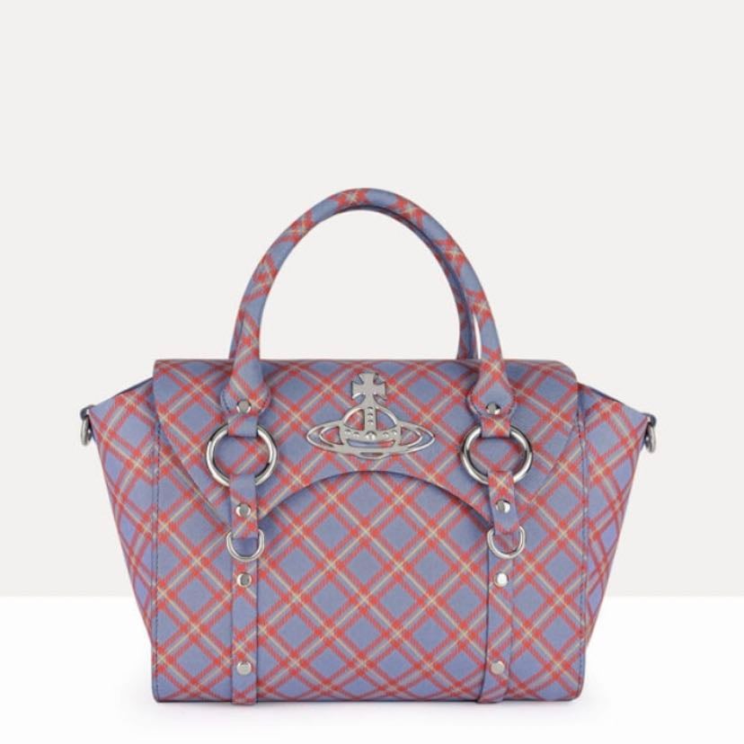 betty medium handbag - blue/orange tartan