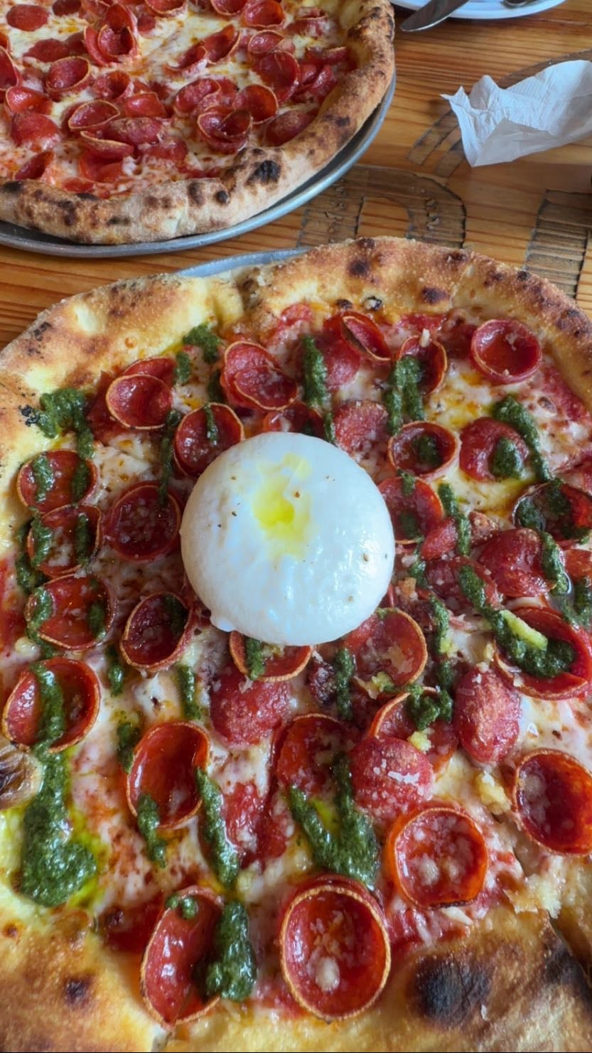 barrio pizza’s og pizza - pepperoni bacon hot honey pesto goodness😚