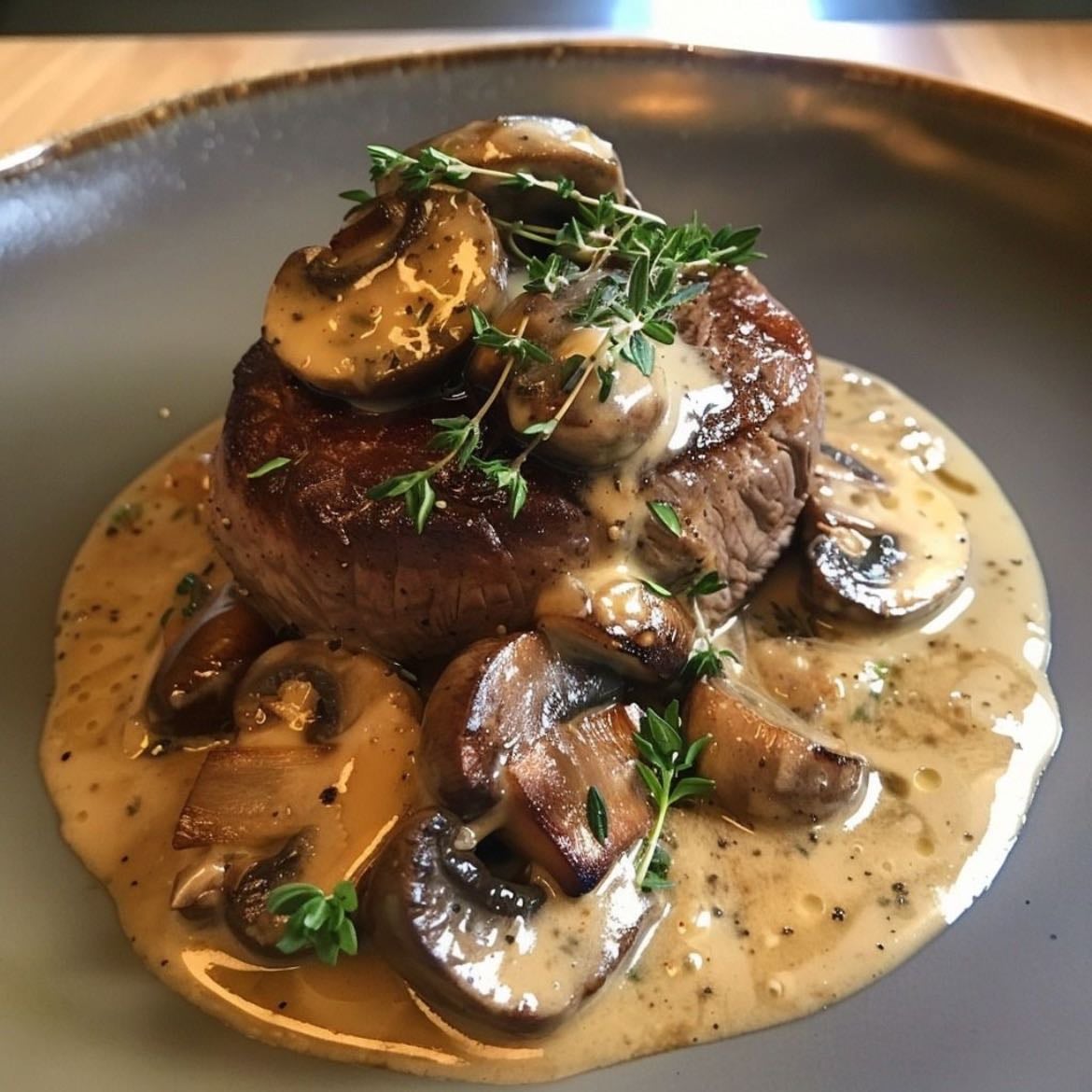 Carne en salsa de pimienta y champiñones
