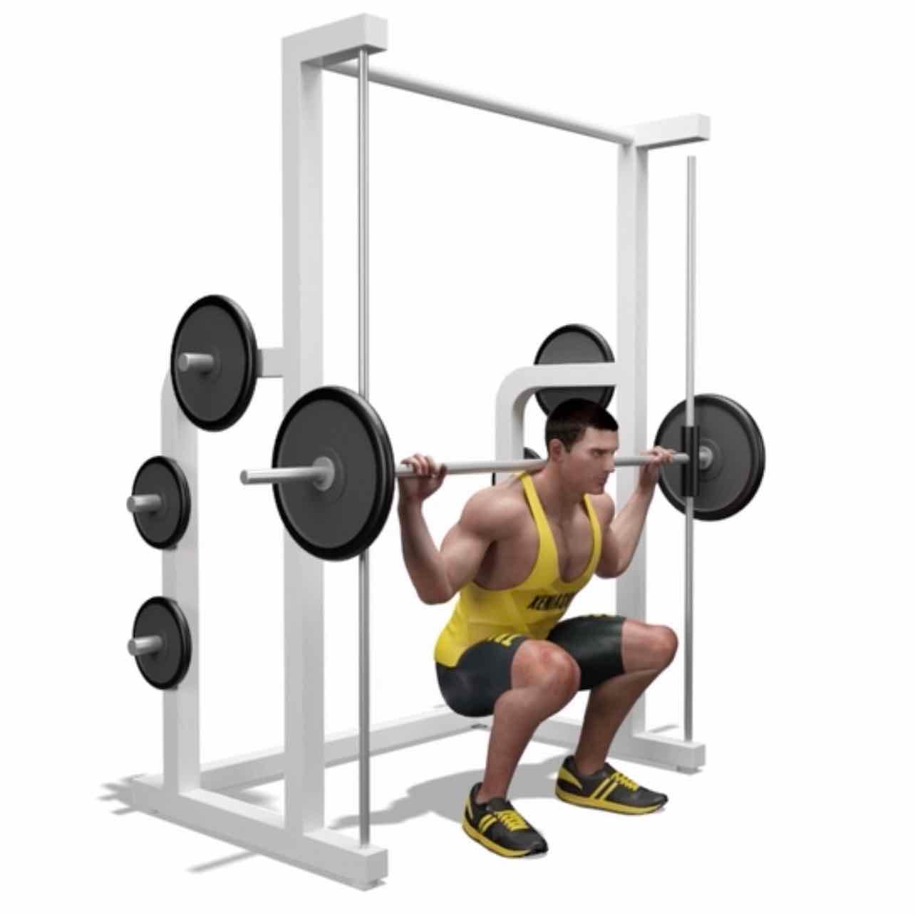 Smith Machine Squat - Quads, glutes, quadriceps, hip adductors, lower back muscles. It also targets hamstrings, spinal erectors, calves, abdominal muscles.