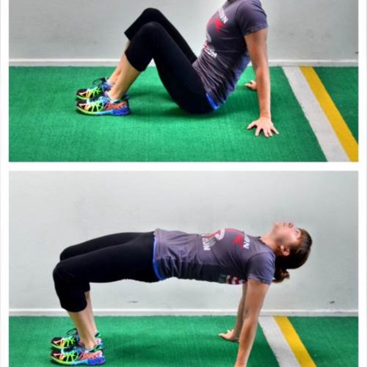 (High) glute bridge - Always think about squeezing your butt cheeks on the way up & KEEP THE TENSION while lowering down the hips, & while you lift them up again squeeze the muscles even more. The core is tight, the weight is on the heels. You can also perform this movement with your back pressed onto the floor, but keep in mind that the range of movement is a little bit more limited.