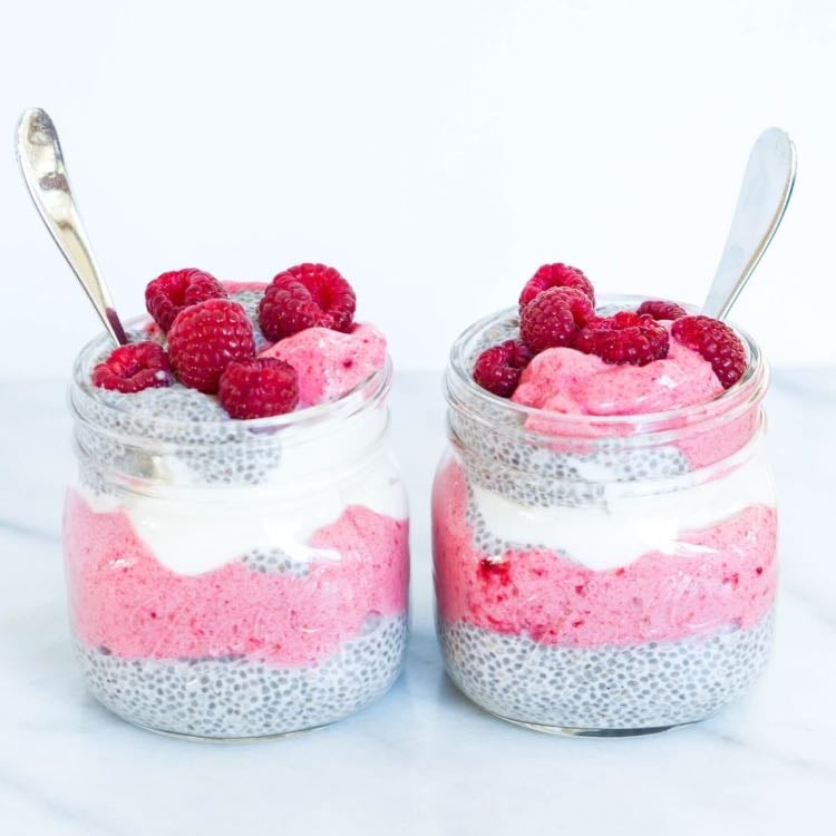 chia pudding - chocolate, mango, milk, mango, strawberry