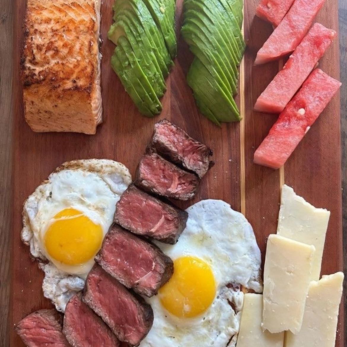 Steak or salmon, avocado, egg & fruit/berries !!