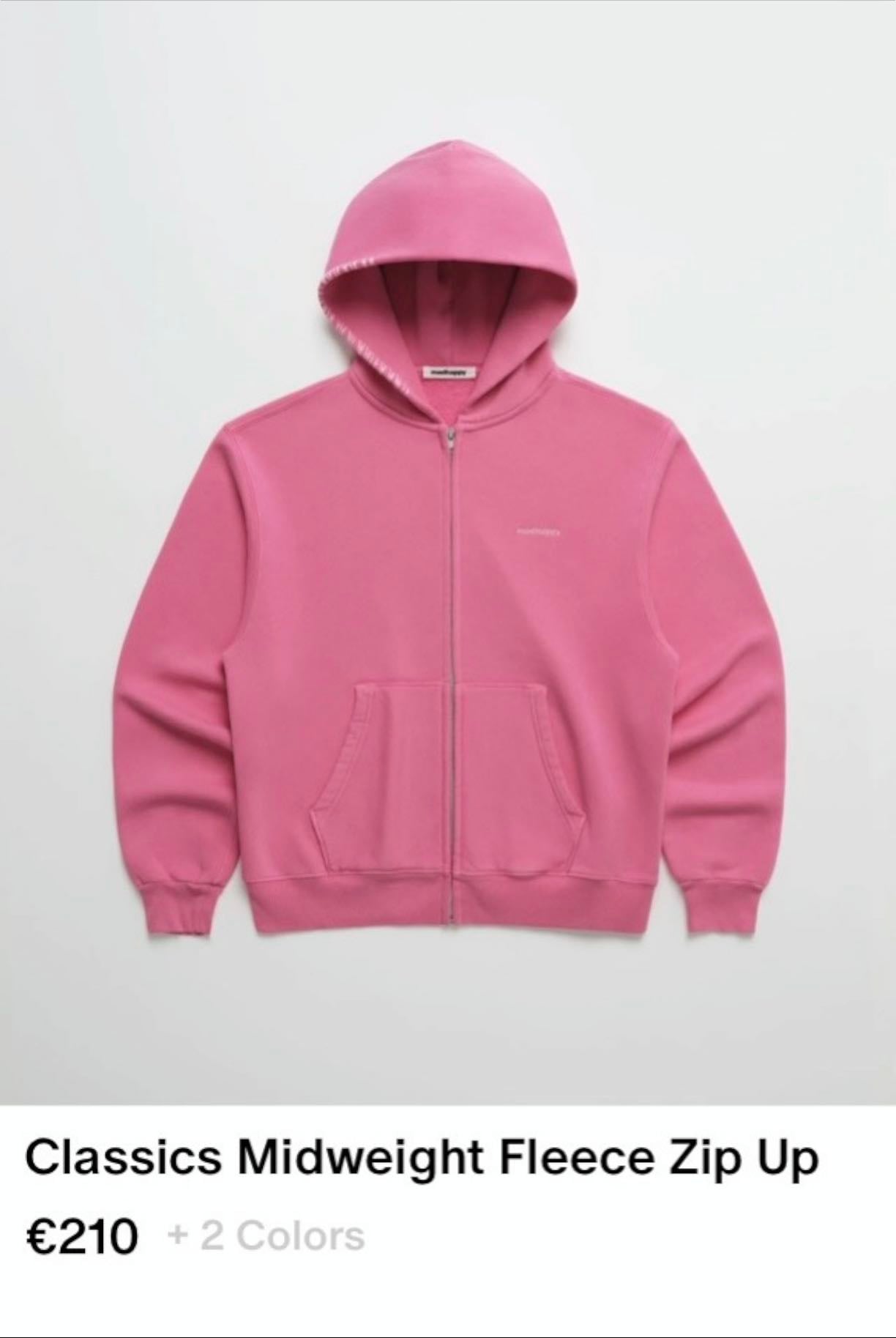 Hoodie - https://www.madhappy.com/en-es/products/classics-midweight-fleece-zip-up-frosted-fuchsia?variant=52732666347891