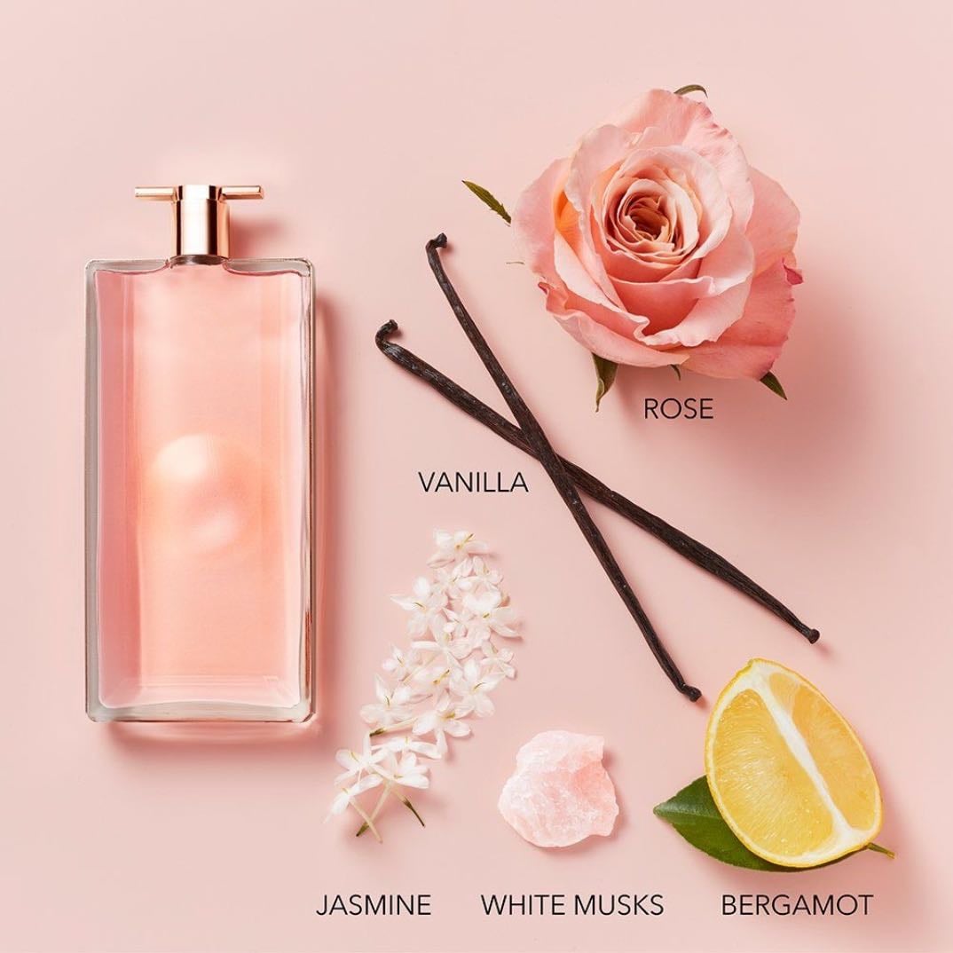 Idôle Lancôme - A pirâmide olfativa entrega notas que equilibram suavidade, frescor e intensidade. A família olfativa chipre floral traz uma composição moderna e delicada, que traduz sofisticação com leveza. Uma fragrância de pura feminilidade, com aroma presente e marcante, mas suave e agradável, que evoca uma sensação de maciez, conforto e segurança.