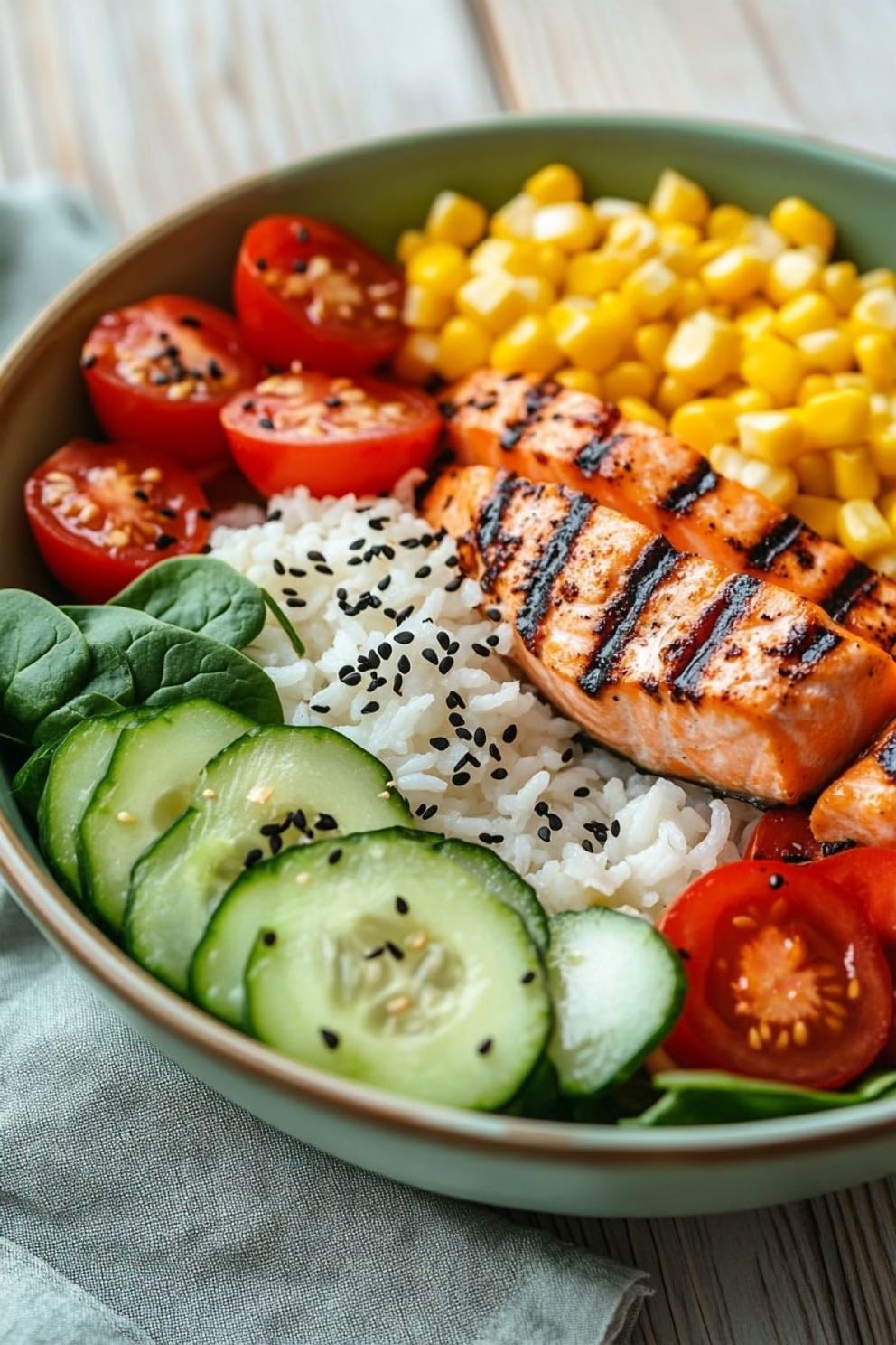 Bowl de salmón, arroz y verduras al vapor 🥢