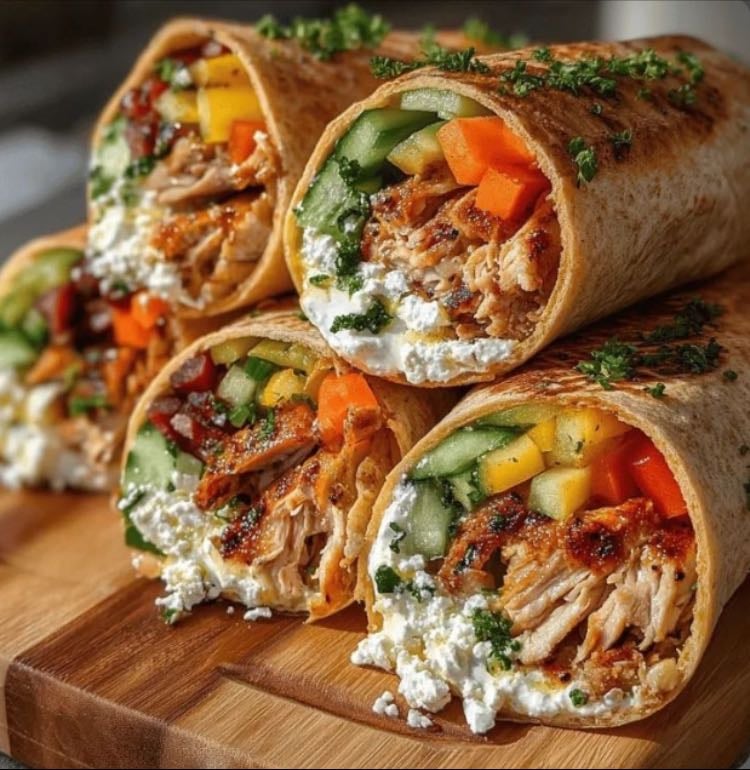 Burritos 🌯 - • Tortilla integral
• Pechuga de pollo cocida
• Vegetales mixtos (lechuga, tomate, pepino)
- Hummus
Preparación:
Unta hummus en tortilla, agrega pollo y vegetales, enrolla.
Beneficios:
Proteínas y fibra para energía y saciedad.
