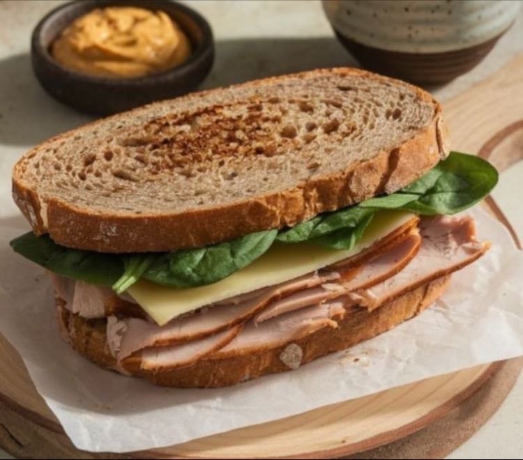 Sándwich 🥪 - Pan integral
• Pavo en rebanadas
• Lechuga
• Tomate
Preparación:
Arma el sándwich.
Beneficios:
Proteína magra y fibra.