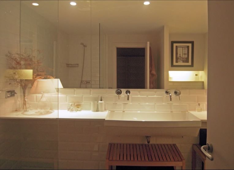 A bathroom lit like this