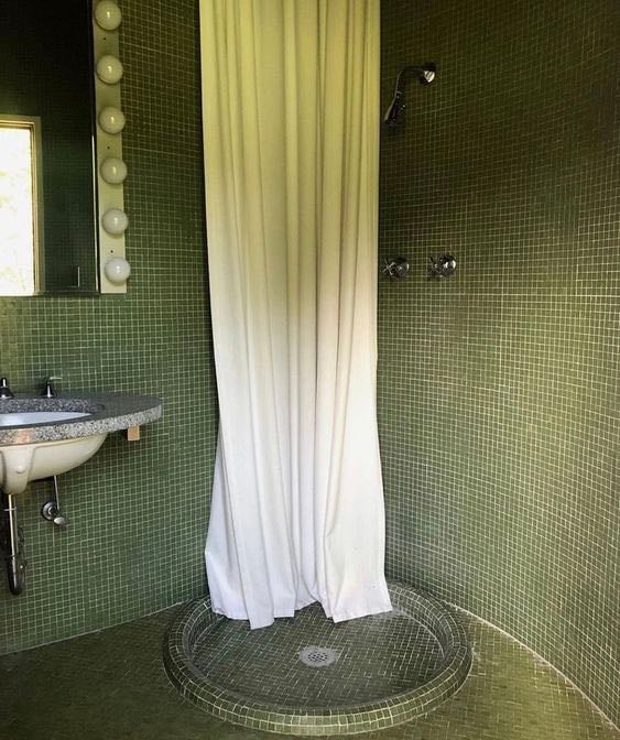 bathroom with pool tiles - dark colours, colourful but not too much
