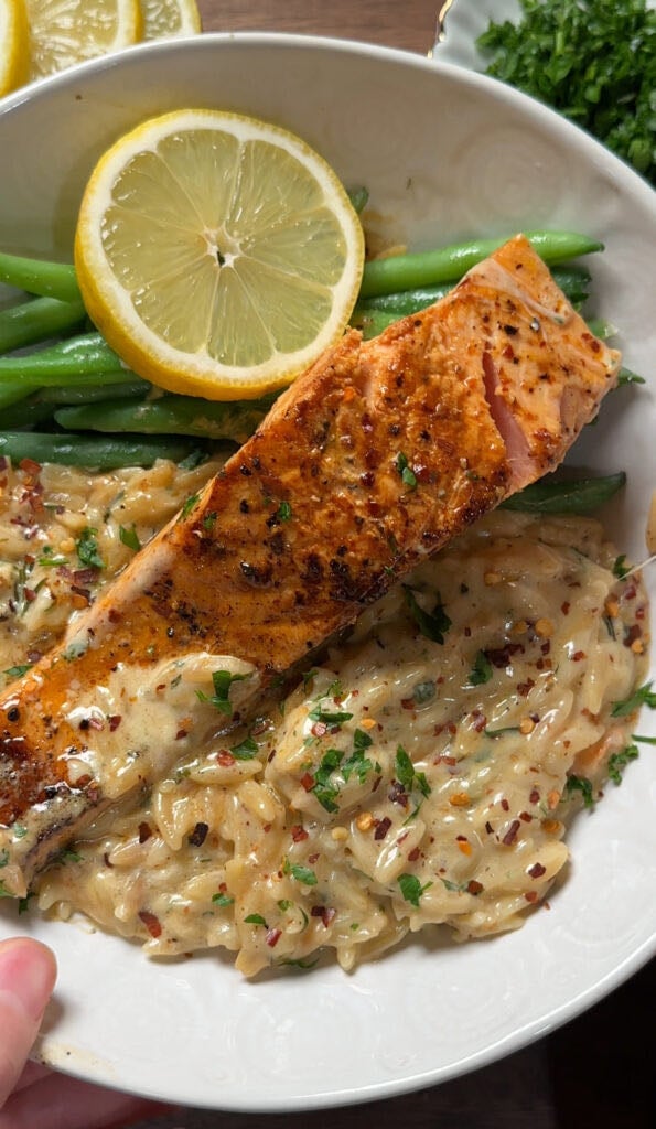 Creamy Lemon Garlic Orzo with Salmon - Nutrient Matters