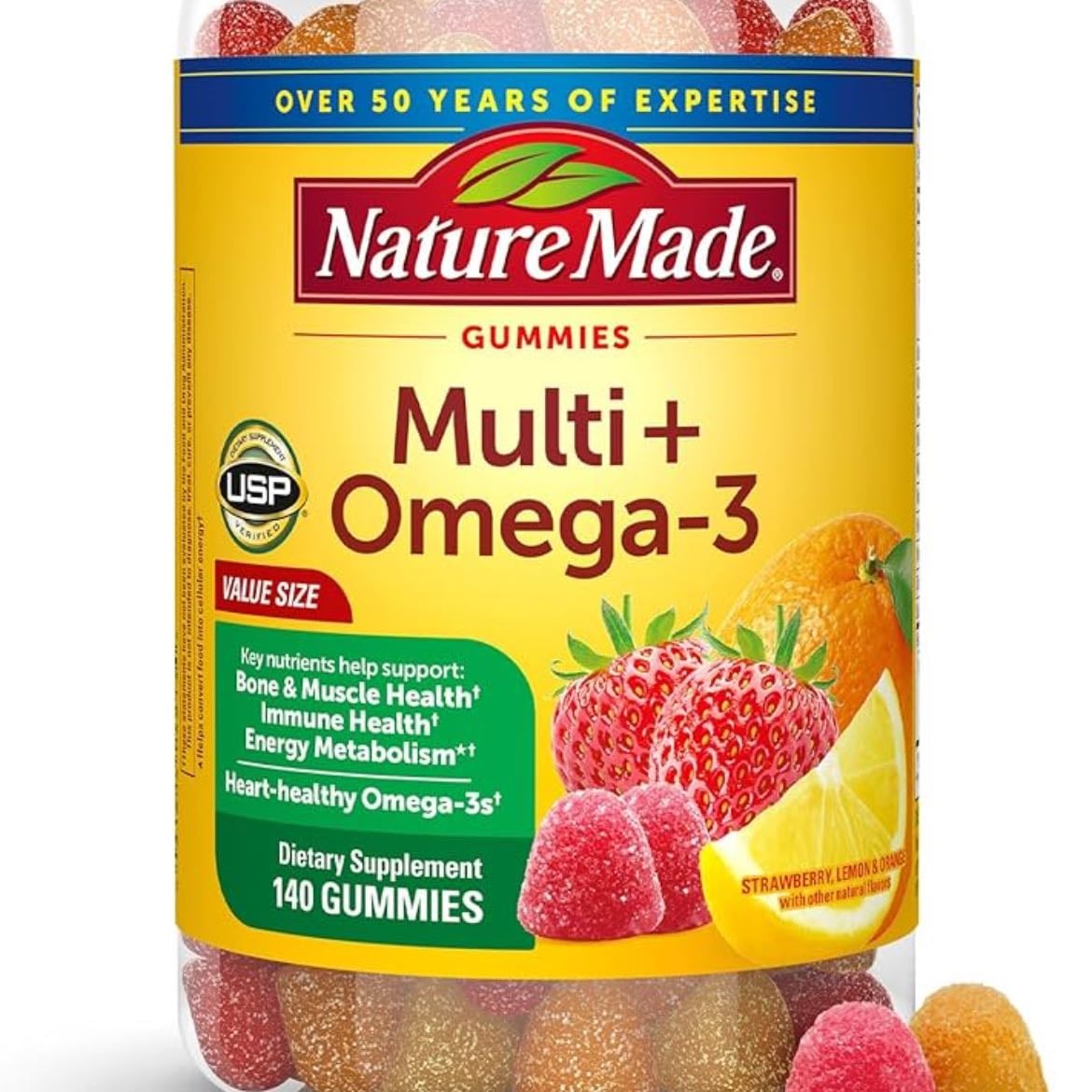 Multi vitamin + omega 3s - good for: Bone + muscle + heart health + energy