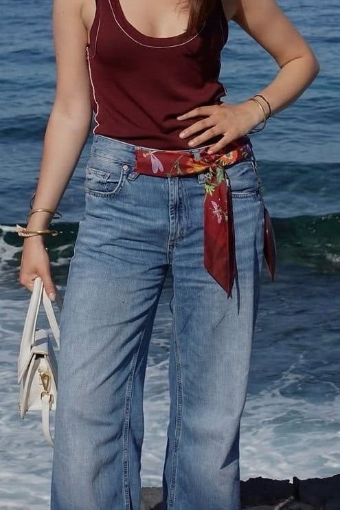 burgundy tank, relaxed denim, silk scarf belt
