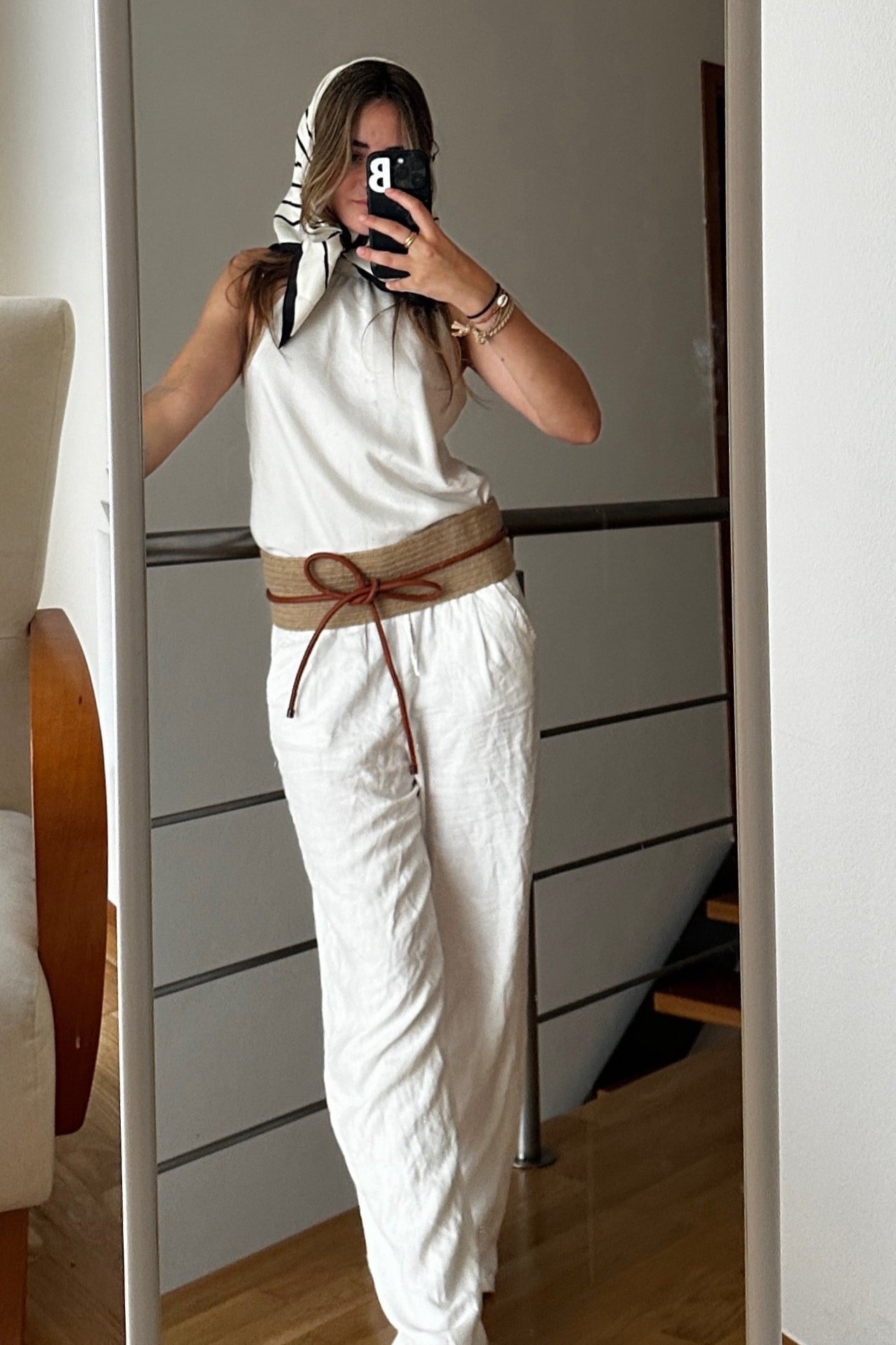 white linen, woven belt, silk headscarf