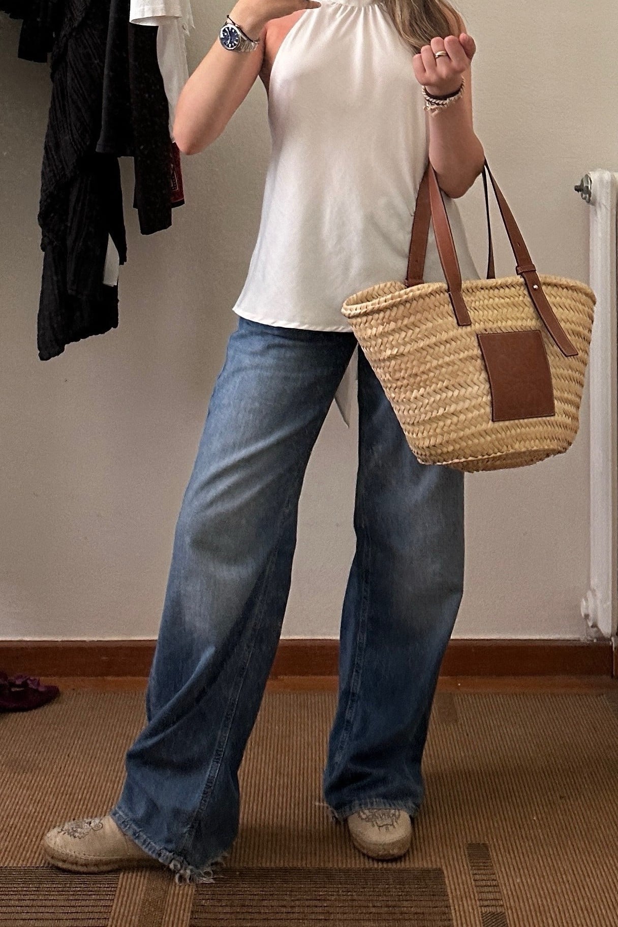 halter top, relaxed denim, raffia tote