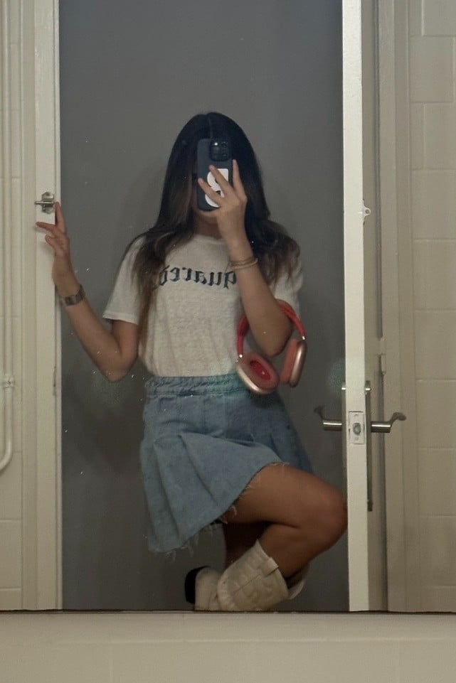 graphic tee, denim skirt, cozy boots