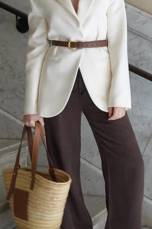 ivory blazer, chocolate trousers, raffia tote