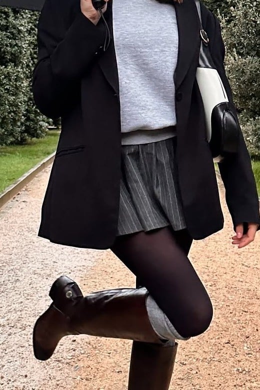 structured blazer, knit basics, pleated skirt