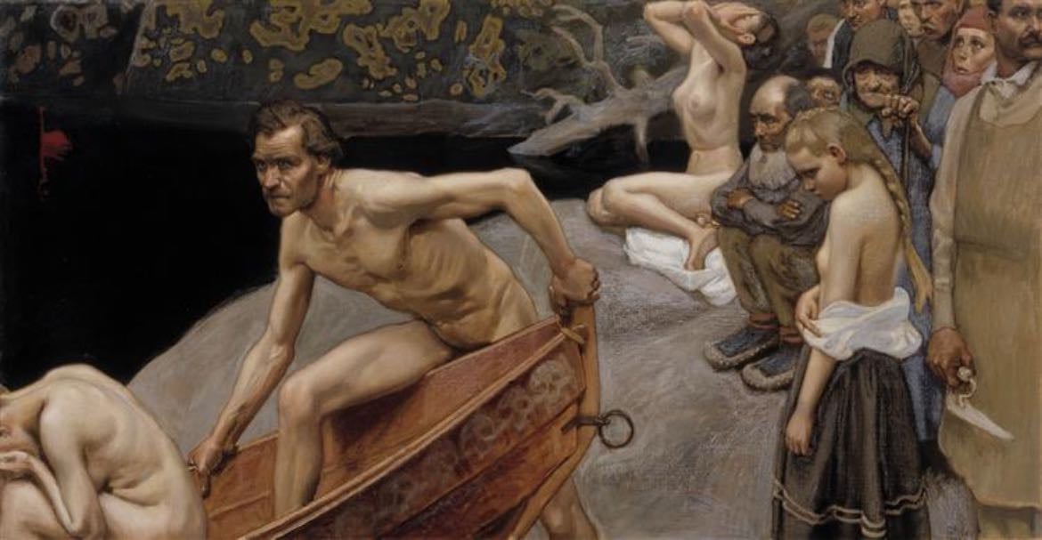 By the River of Tuonela, study for the Jusélius Mausoleum frescos - Akseli Gallen-Kallela
1903