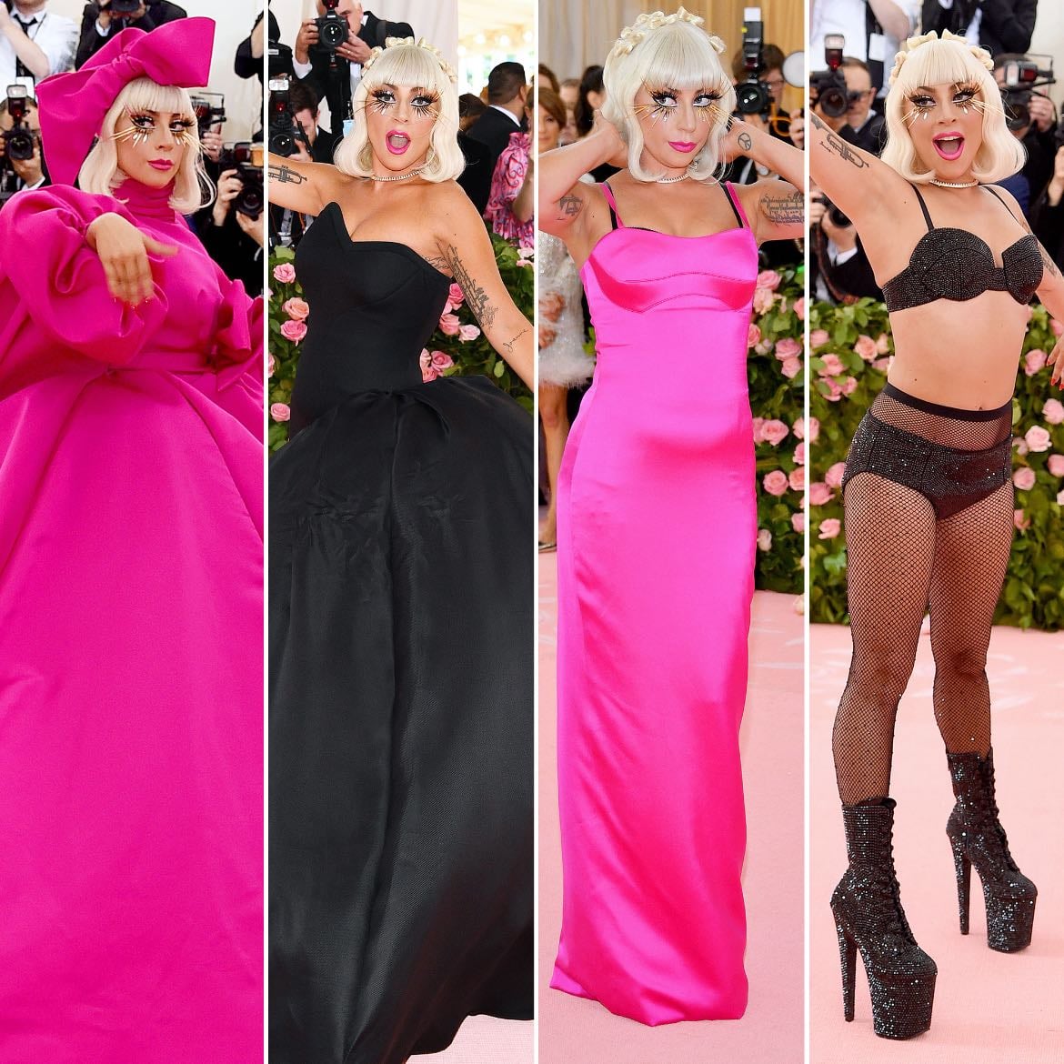 lady gaga - brandon maxwell
gown within a gown within a gown:
going from a voluminous fuchsia-pink gown to a black ballgown to a tight bright pink dress to, finally, a crystal-studded underwear set, all this whilst walking the (pink) carpet