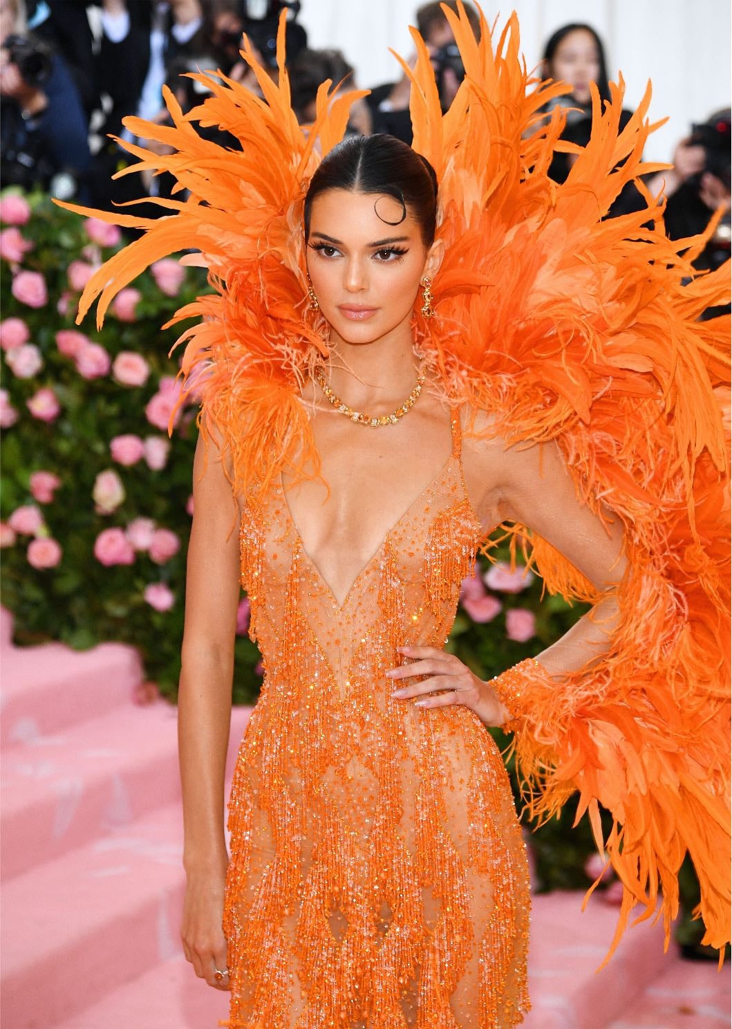 kendall jenner - custom versace
a orange feathered gown