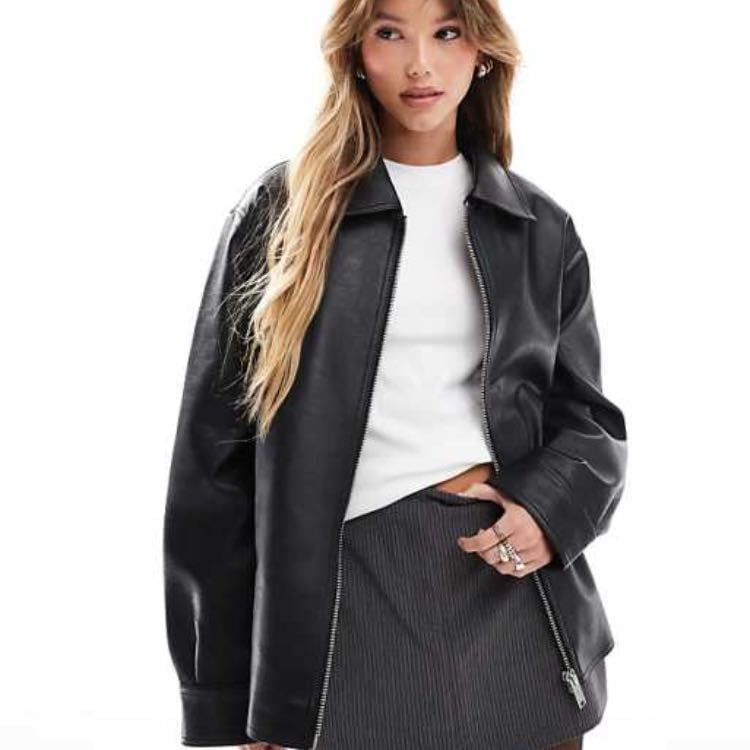 ASOS DESIGN zip front leather look harrington in black - ASOS