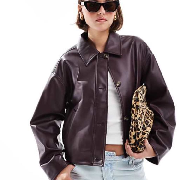 ASOS DESIGN leather look button through jacket in burgundy - ASOS