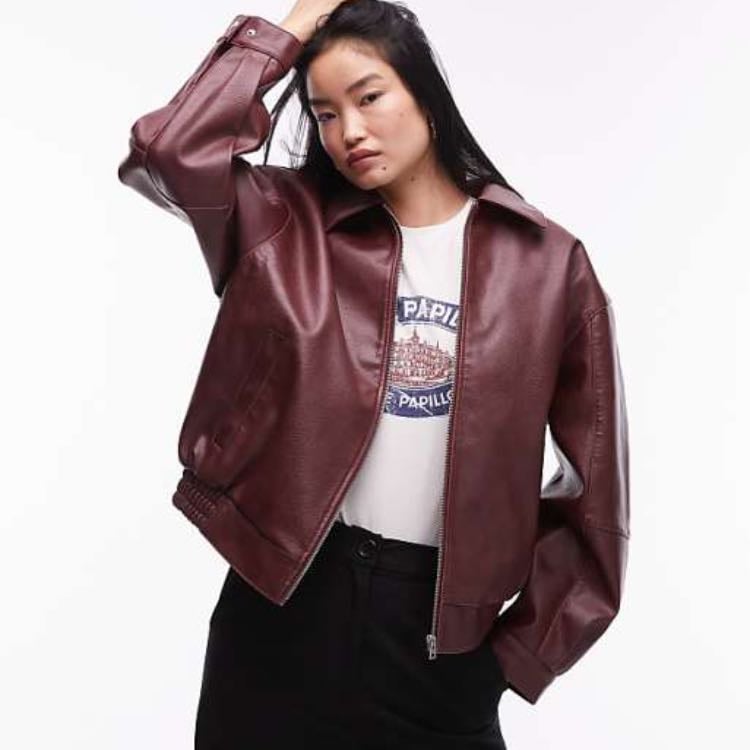 Topshop grain faux leather oversized bomber jacket in burgundy - ASOS