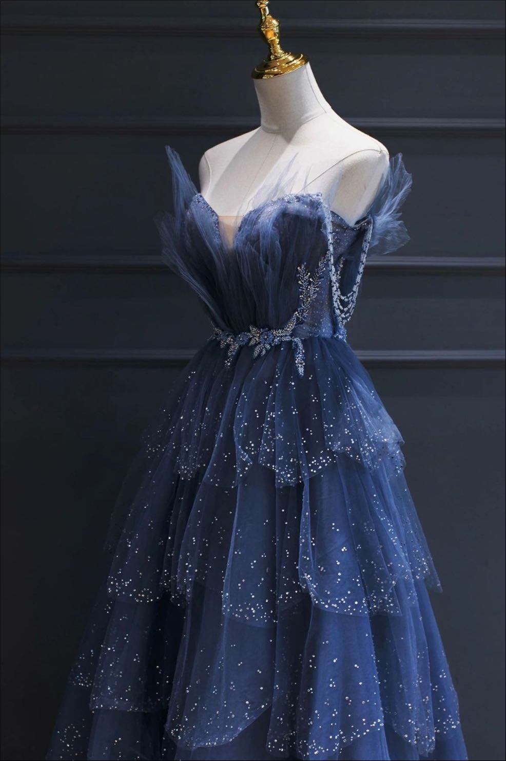Blue Tulle Beaded Long Senior Prom Dress, A-Line Strapless Evening Party Dress - Viyviy Shop