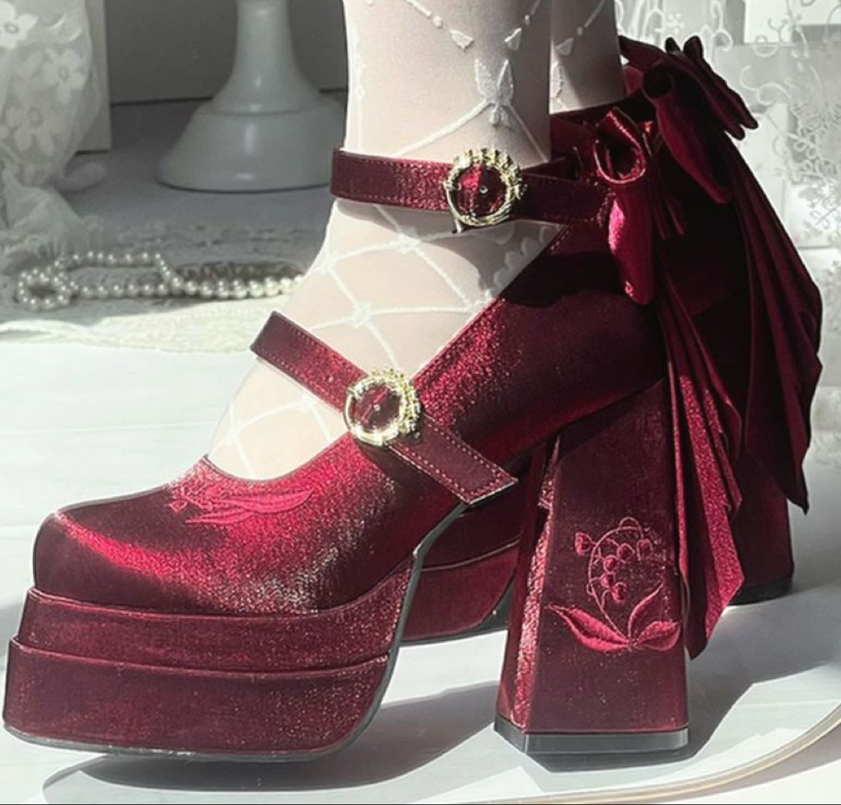 Wine Red Detachable Bowknot Lily of the Valley Embroidery High Block Heel Platform Mary Janes - Devil Inspired