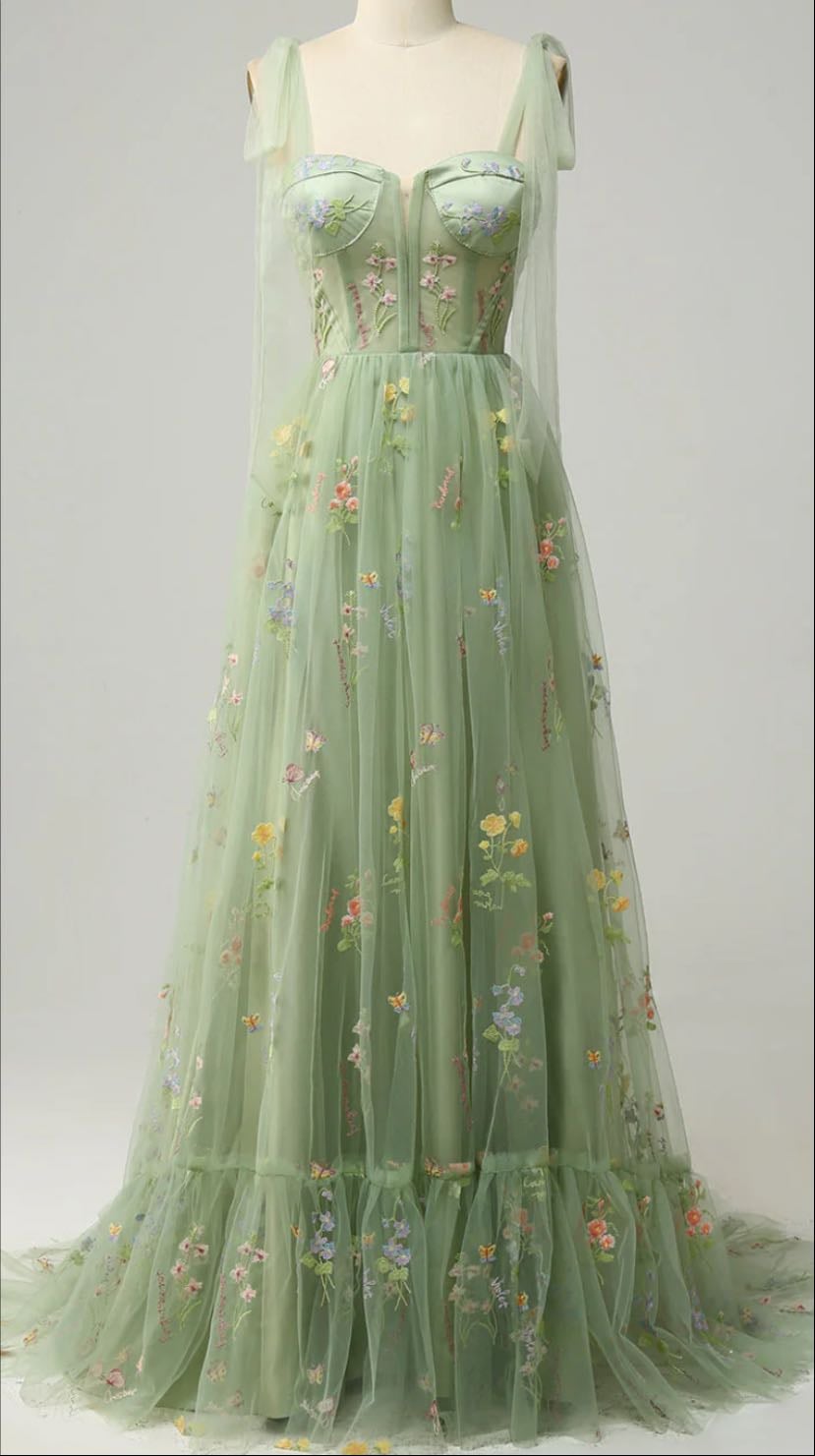 Green Embroidery Corset Long Prom Dress - Zapaka