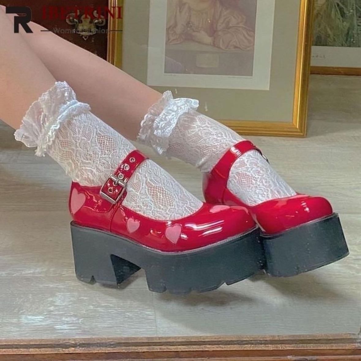 Red and pink heart platform Mary Janes