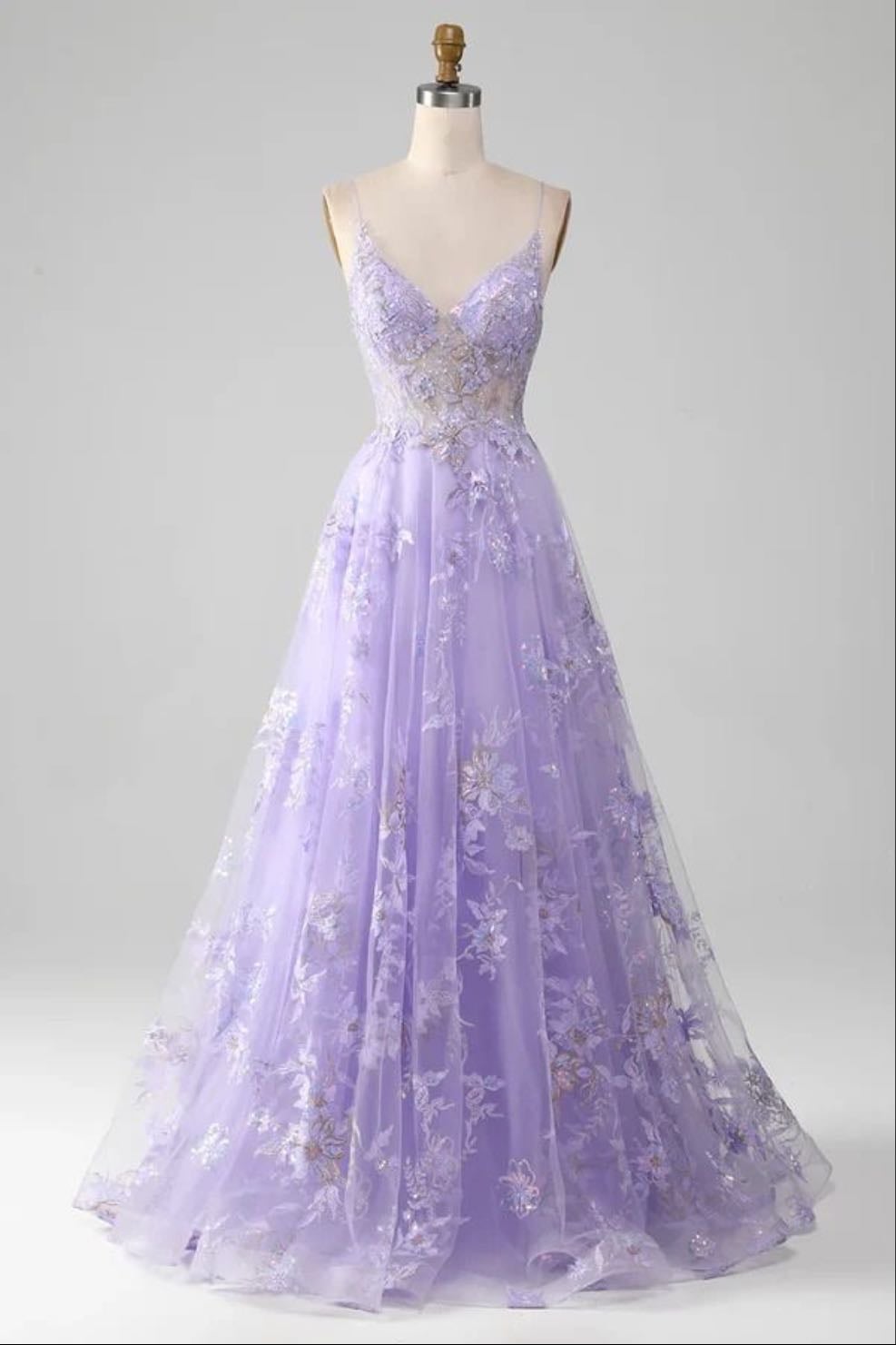 Purple A Line Spaghetti Straps Sparkly Prom Dress With Beading - Amzcw