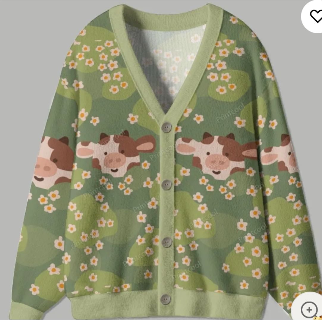 Grassy Meadow Cow Ugly Cardigan Sweater - Print-cool