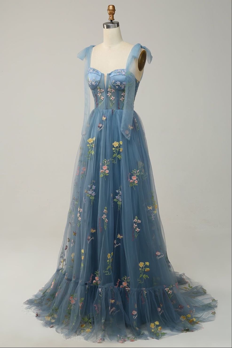 Grey Blue Tulle A Line Corset Prom Dress with Embroidery - Zapaka