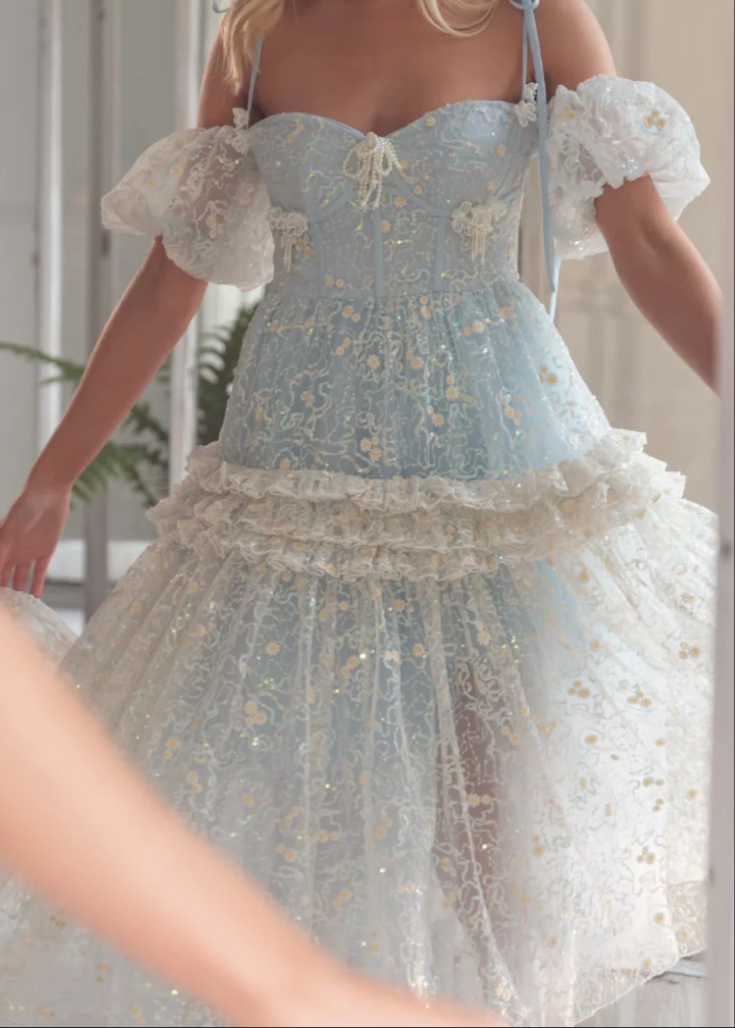 Flower Diamond Sequin Dress - Powder Blue - Fairy Tong