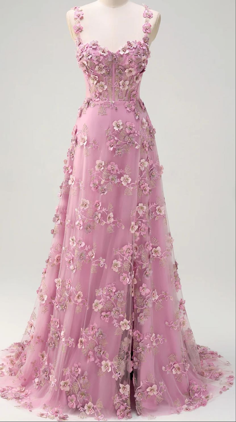Taro Floral A-Line Spaghetti Straps Prom Dress with Long Slit - Zapaka