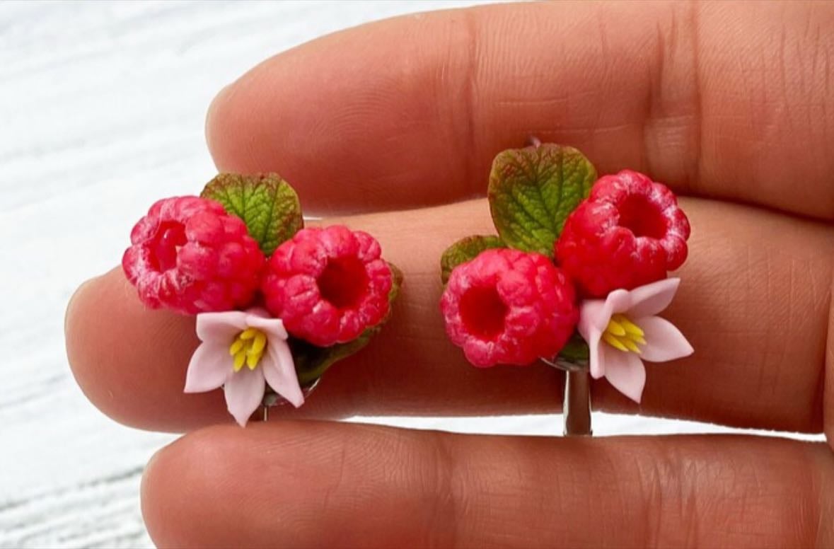 Raspberry fruit earrings pretty nature botanical flower earrings - IrynaFleur