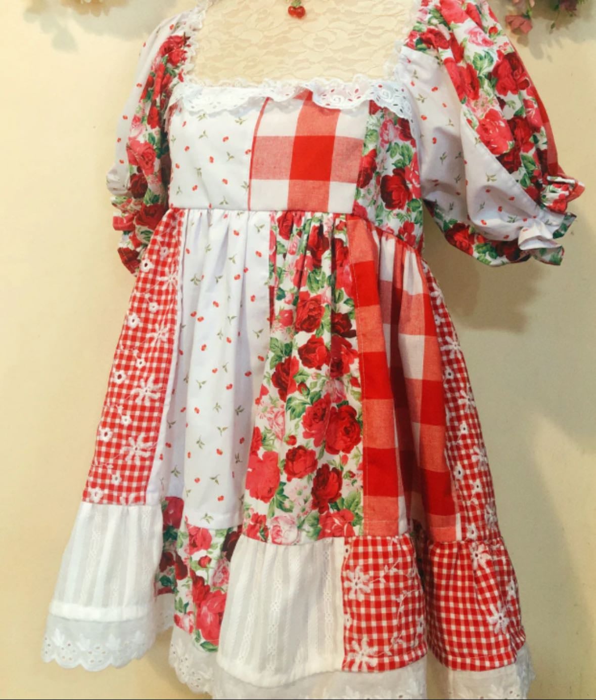 Red Rose Garden Patchwork Handmade Dress - Dolly Kaye