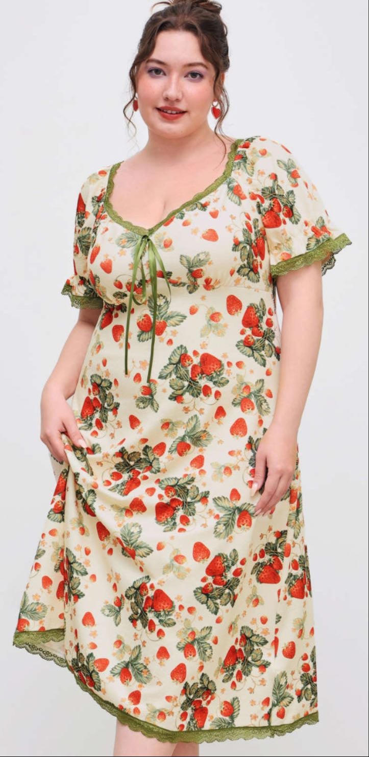 Square Neck Strawberry Graphic Contrasting Lace Trim Midi Dress - Cider
