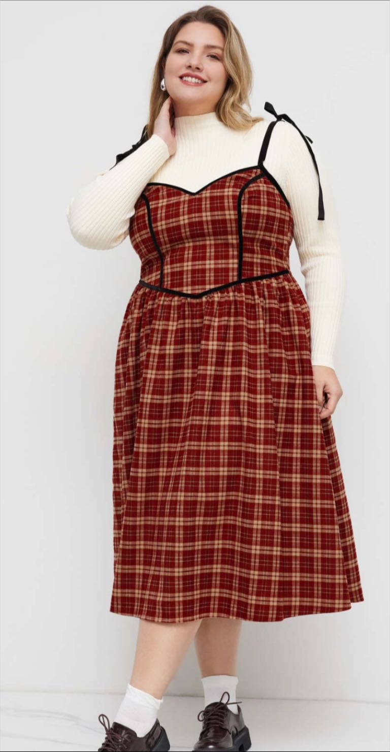 V-Neck Plaid Knotted Shirred Maxi Dress - Cider