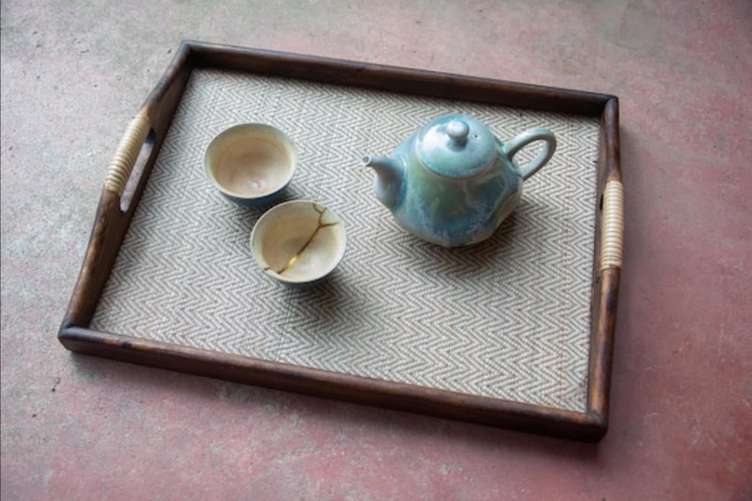 Wooden Tea Tray - Hard wood and Bamboo tapestry - Service tray for tea or picnic - Ottoman style serving tray handmade from Thailand - ArBeeCeremics