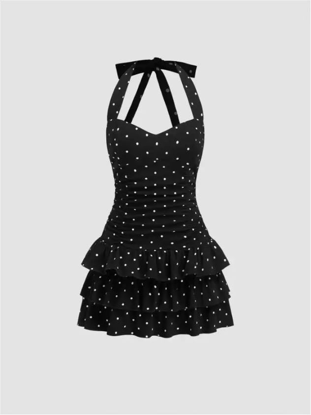 ROBE COURTE EN COTON MÉLANGÉ, COL MONTANT, POIS ET PLIS SUPERPOSÉS