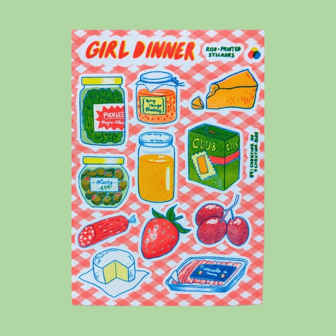 Girl Dinner Risograph Sticker Sheet - $14