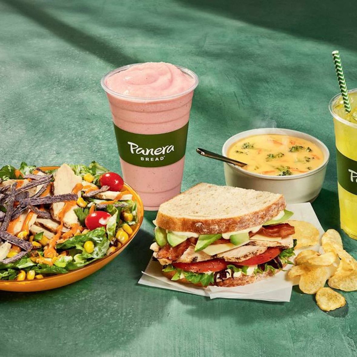 Panera Bread - Bowl of broccoli cheddar soup, side baguette, extra baguette (maybe 2), green smoothie