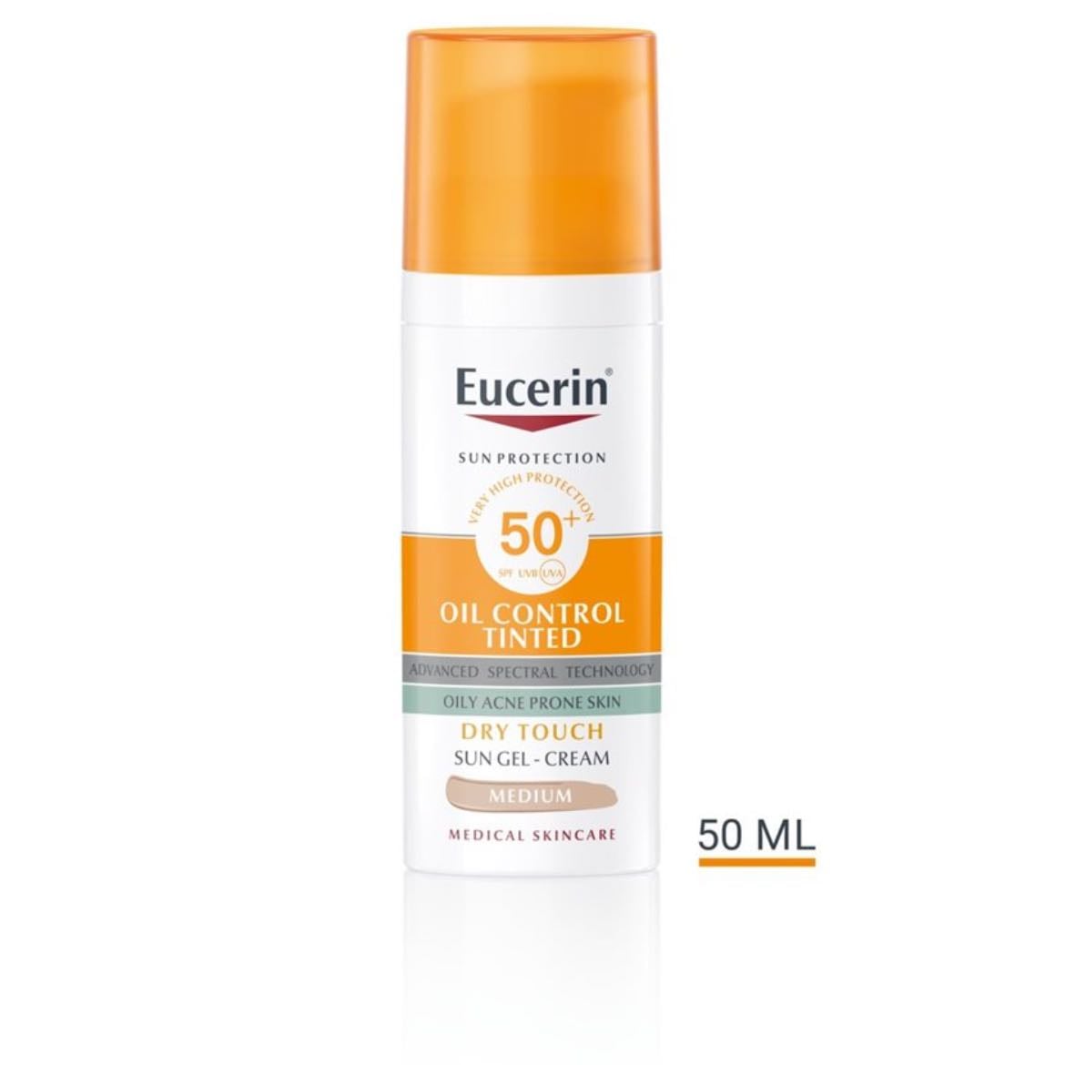 Eucerin Oil Control Tinted SPF 50+ (Medium) - Same oil control magic, but with a touch of tint. Evens out skin tone while protecting.